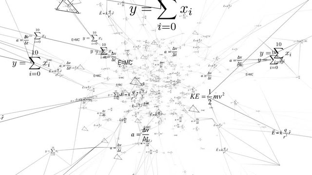Mathematical and Physical formulas floating in 3D space. Tunnel design with mathematical , physical science formulas flying around on the walls, floor and ceiling of the scene.