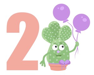 Two. Learning number 2. Printable worksheet for kindergarten and preschool. Learn number two for kids. Cute cartoon cactus with ballon. Vector illustration.