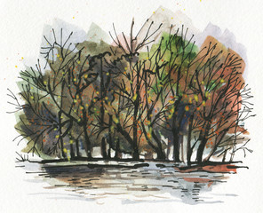 Fototapeta na wymiar Autumn landscape. Watercolor drawing