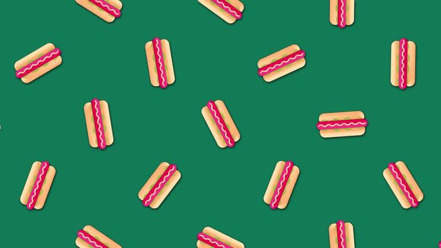 Abstract colorful hot dogs background video clip motion in a seamless repeating loop. Animation. Beautiful cartoon animation on colorful background.