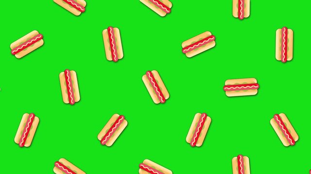 Abstract animation of lovely cartoon background with large number of small animated hot dogs images. Beautiful cartoon animation on colorful background.