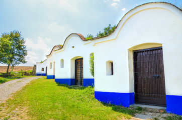 Group of typical outdoor wine cellars in Moravia, Czech Republic. Moravia wine region, tourism. Traditional buildings. Tourist attractions. Winemaking, viticulture in Czechia