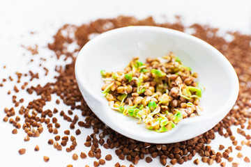 Germinated green buckwheat in a white bowl and croup on a white background. Vegetarianism. Vitamins. Fagopyrum