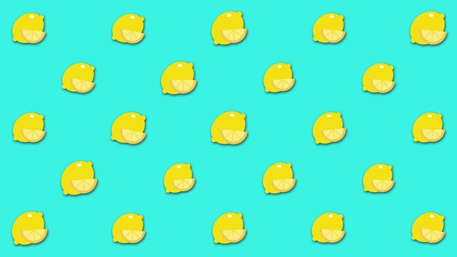 Beautiful abstract cartoon background with large number of small animated lemon images. Animation. Beautiful cartoon animation, abstract graphics in trendy colors and style.