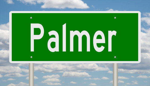 Rendering of a green highway sign for Palmer Alaska