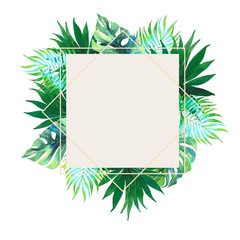 Watercolor tropical frame. Wedding invitation. Exotic plants. Green foliage, monstera. Summer Postcard.