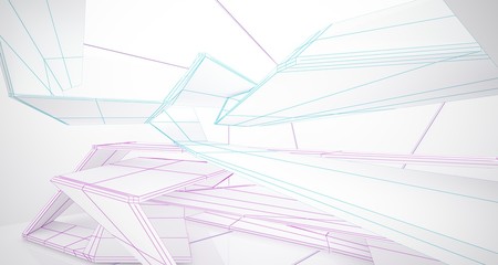 Abstract architectural white interior of a minimalist house with large windows. Drawing. 3D illustration and rendering.