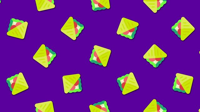 Abstract cartoon sandwiches background with large number of small animated sandwiches icons. Animation. Beautiful cartoon animation, abstract graphics in trendy colors and style.