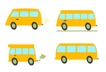 Collection of various yellow buses on a white background. Vector illustration. 