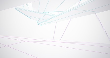 Abstract architectural white interior of a minimalist house with large windows. Drawing. 3D illustration and rendering.