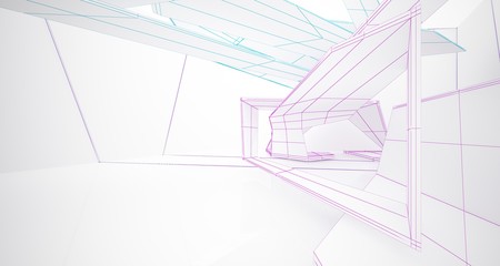 Abstract architectural white interior of a minimalist house with large windows. Drawing. 3D illustration and rendering.