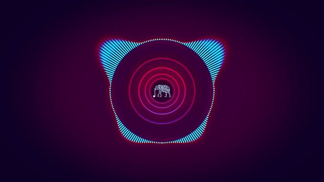 Abstract animation of colorful sound wave circle equalizer with animated neon silhouette of elephant in the center. Animation. Audio spectrum simulation for music, computer calculating and animation.