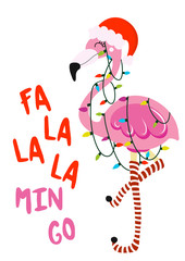 Fa la la la min go - Calligraphy phrase for Christmas with cute flamingo girl. Hand drawn lettering for Xmas greetings cards, invitations. Good for t-shirt, mug, scrap booking, gift. © Zsuzsanna