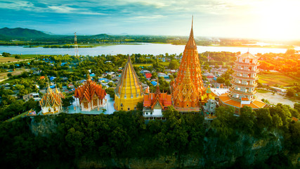 high angle view of wat thumsaue kanchanaburi one of most popular traveling destination in thailand - obrazy, fototapety, plakaty