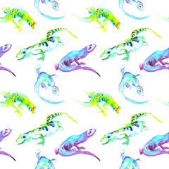 Hand drawn neon color Lizards in seamless pattern.  Psychedelic illustration of reptile toxic color on white background. Design for backgrounds, packaging, textile, covers, party craft.