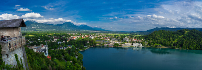 View from the castle on the coast of the turquoise lake Bled,  Slovenia