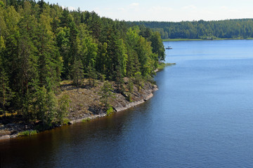 Rocky lakeside with pines. Calm lake in Finland on sunny summer day.