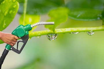 Green conservation. Gas pump nozzle and leaf background. Fuel dispenser on nature background....