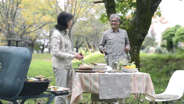 Senior couple preparing outdoor barbecue