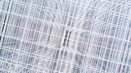 Aerial view structure of steel building construction, Metal steel frame buildings construction design, Aerial view construction site.