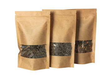 Brown kraft paper pouch bags front view isolated on a white background. Packaging for foods and goods template mock-up.