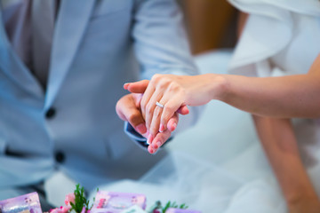 Obraz na płótnie Canvas Closeup photo of get marry with a Beautiful Wedding Ring