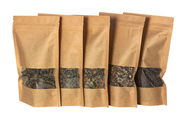 Brown kraft paper pouch bags front view isolated on a white background. Packaging for foods and goods template mock-up.