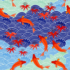 Carp, red fish, goldfish. Traditional eastern seamless pattern. Waves pattern. Vector.