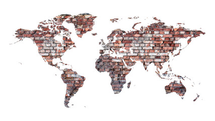 World map of old cracked bricks in a loft style on a white background.