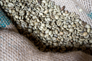 Green coffee bean raw in sack