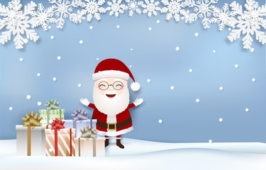 Santa with Snowflake and gift boxes Christmas season Paper art, Paper cut style