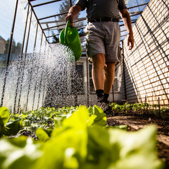 Watering young tomato vines in a greenhouse