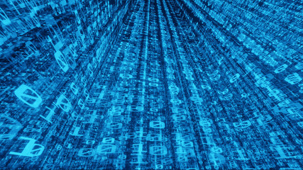 3D Rendering of abstract binary data on rectangle geometry structure. Perspective view. Concept of big data, machine learning, artificial intelligence, technology background, software coding