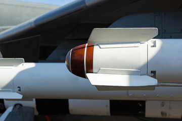 Bomb and missile on a fighter bomber plane. Armament of the aircraft. Aircraft missile launcher....