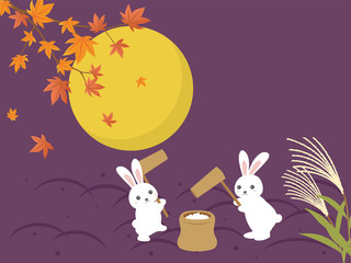 十五夜　お月見　餅つきをするうさぎ