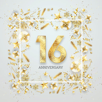 Creative background, 16th anniversary, adulthood. Celebration of golden text and confetti on a light background with numbers, frame. Anniversary celebration template, flyer. 3D illustration, 3D render