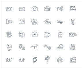 Lineal design icon set of photography camera, cinema or movie camera, action camera and accessories concept. Editable stroke vector icon. 128x128 pixel perfect icon when downsize to 1468x1240.