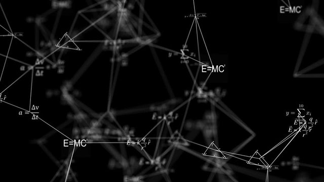Mathematical background flying symbols functions equations. Animation of typing mathematics physics formulas abstract digital space.