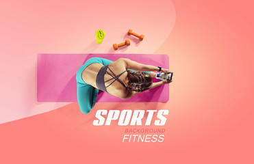 Sport and fitness backgrounds. Stretching. Isolated. Top view. - obrazy, fototapety, plakaty