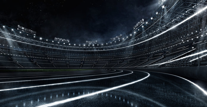 Sport Backgrounds. Futuristic Neon glowing Soccer stadium and running track. Dramatic scene. 3d render image.