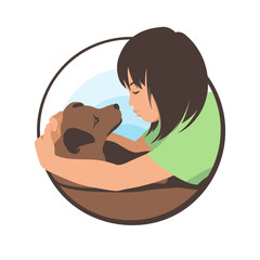 The girl hugs her beloved dog and admires her. Caninity. Logo design. Stock Vector Illustration