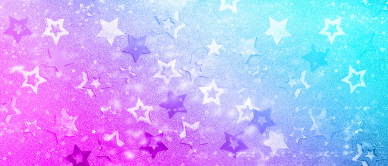 Christmas celebration. Abstract background in trendy neon colors. Rainbow gradient background with lights bokeh, copy space for new year party. Pattern of gold stars on shimmer texture