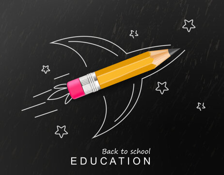 Back to school creative Vector realistic. Crayon rocket painted fantasy poster. Sale promotion banners