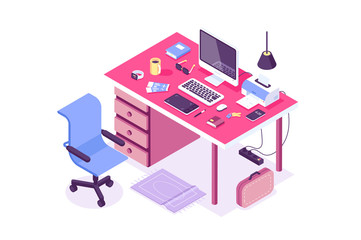 Flat isometric 3d technology workspace