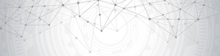 Website header or banner design with abstract geometric background and connecting dots and lines. Global network connection. Digital technology with plexus background and space for your text.