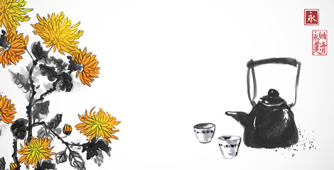 Traditional Asian tea ceremony. Teapot, cups and chrysanthemum flowers. Traditional Japanese ink wash painting sumi-e. Hieroglyphs - peace, tranquility, clarity, tea