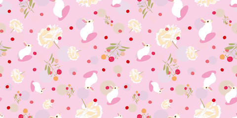 Pink floral pattern with white rabbit, floral and pink dot. Surface pattern design.