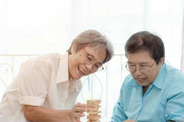 Asian elderly women Wearing a blue shirt And friend are playing games Have fun in the morning at home in the room.