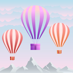 Air balloons with gift box on background nature, the mountains. Vector illustration.