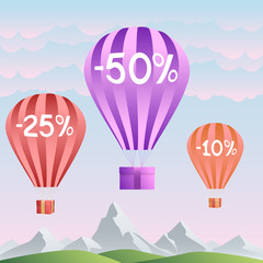 Air balloons with gift box. Discount  10%, 25%, 50% on background nature and air balloons. Summer banner, website, poster, and sales promotion background set..Vector illustration.